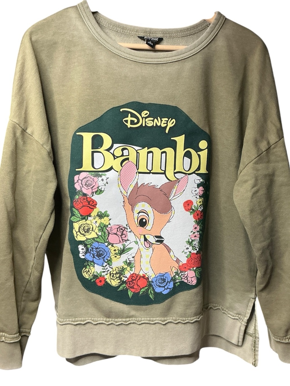 DISNEY Bambi Upcycled Mineral Washed Olive Sweatshirt Floral Graphic Tee